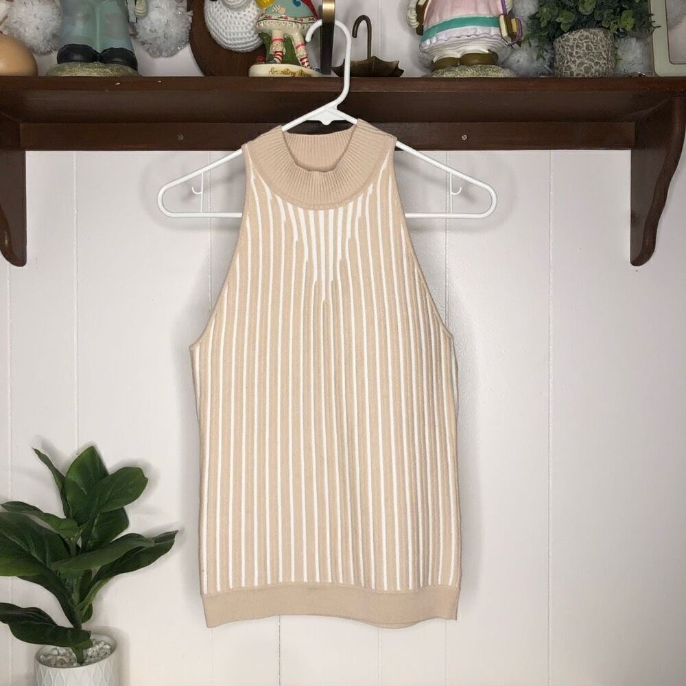 Bebe Women's Lite Tan Striped Sleeveless Turtleneck Sweater Top Size Small